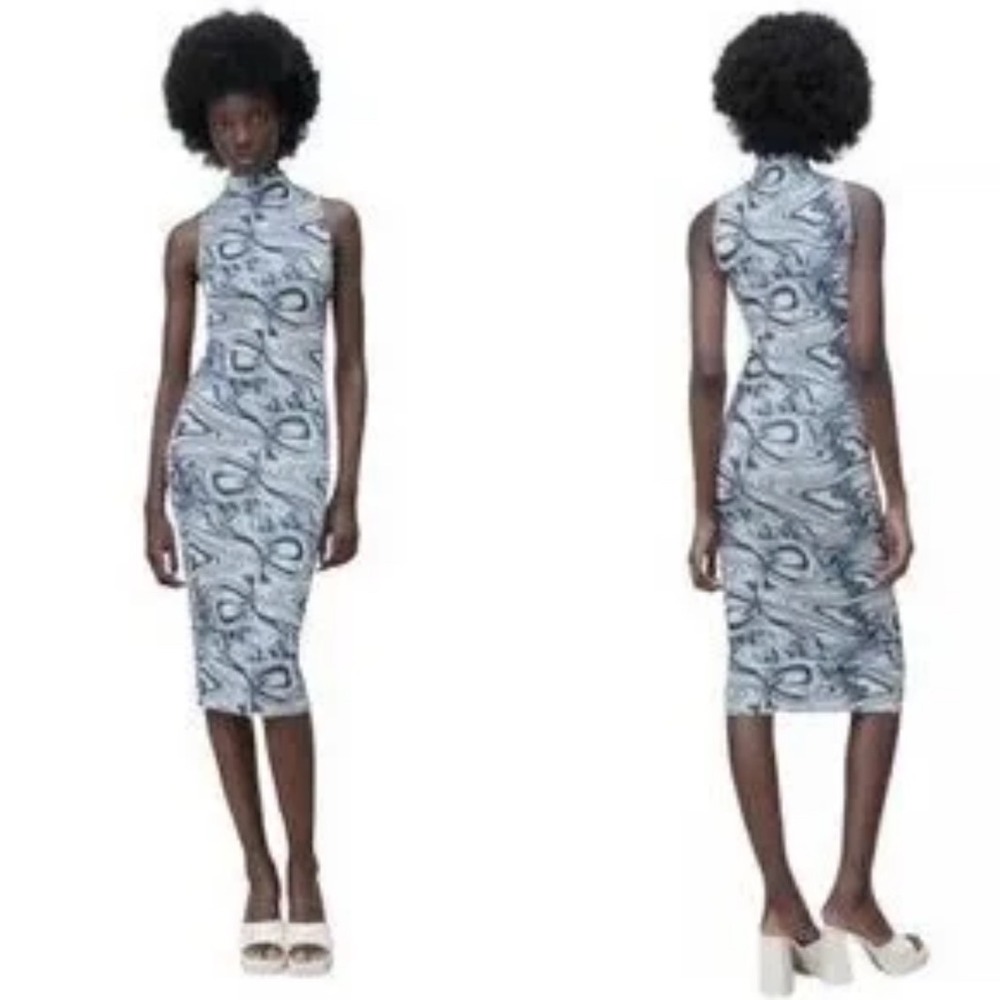 Zara Womens Blue Black Marble Swirl Mock Neck Sleeveless Bodycon Midi Dress XS S